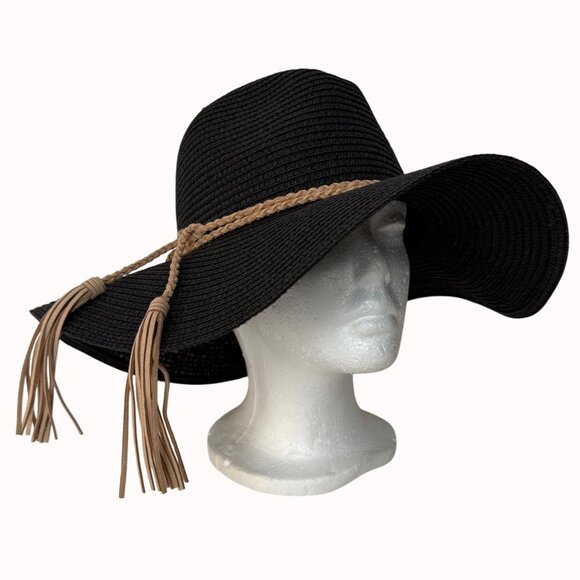 MudPie Wide Brim Sun Hat Boho Floppy Black Braided Band Tassels Beach Cruise main image 11